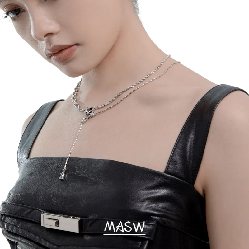 MASW Original Design Chain Necklace For Women Cool High Quality Brass Silver Plated Black Pendant Necklace Jewelry For Women