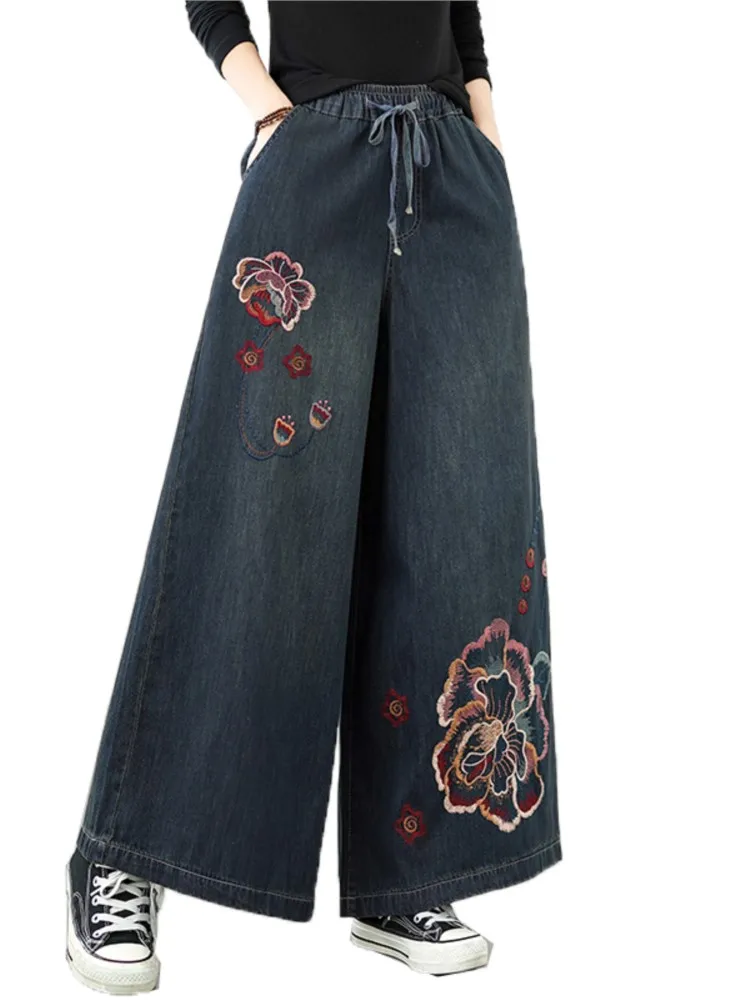 Damskie spodnie jeansowe oversize na jesień, z kwiatowym haftem, modne, luźne, z szerokimi nogawkami, elastyczna talia.