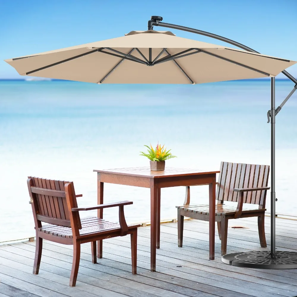 

10' Hanging Solar LED Umbrella Patio Sun Shade Offset Market Beige