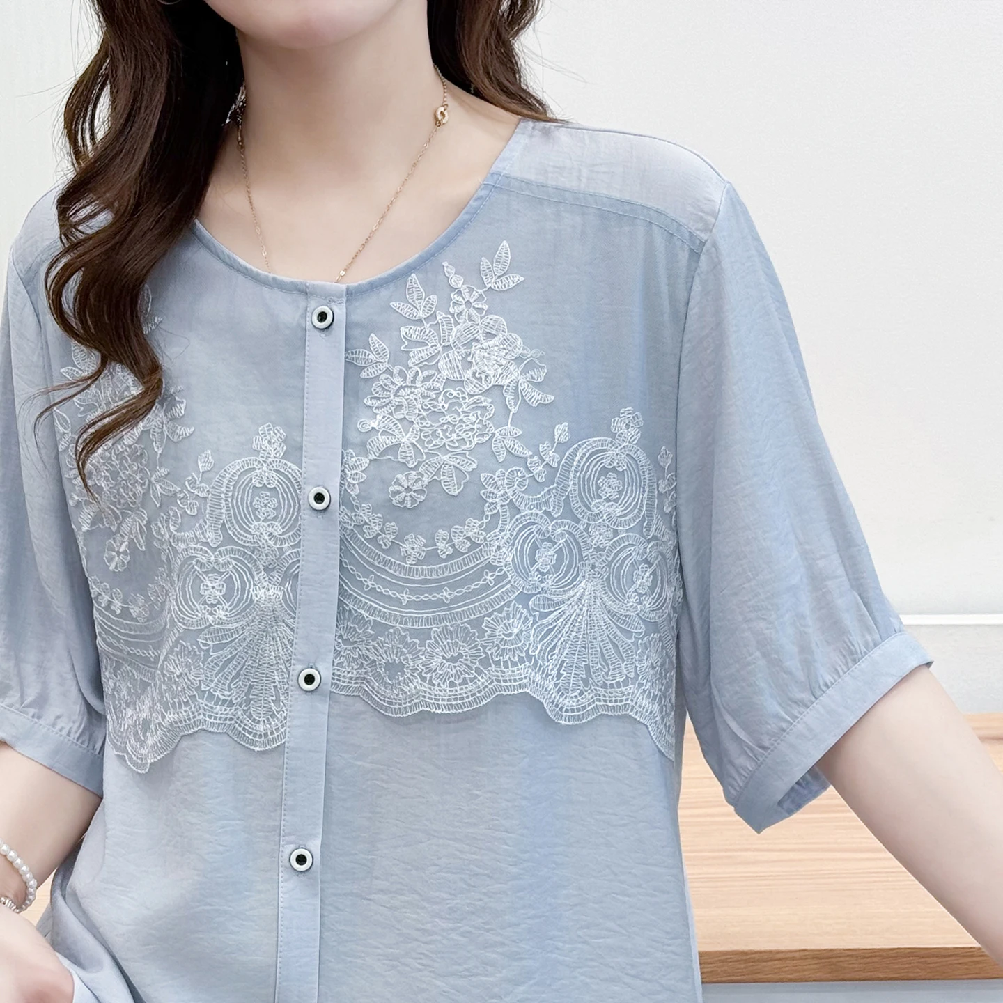2026 Summer Plus Size Embroidery Spliced Open Blouse Round Neck Short Sleeve Elegant Daily Versatile Shirt Curvy Ladies 2620 view 5