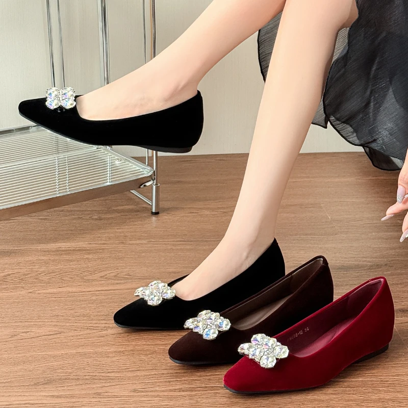 أنيقة كريستال المخملية النساء مضخات جولة تو شقة حجر الراين الزفاف أحذية الزفاف الانزلاق على فستان الحفلات Zapatos De Mujer #6