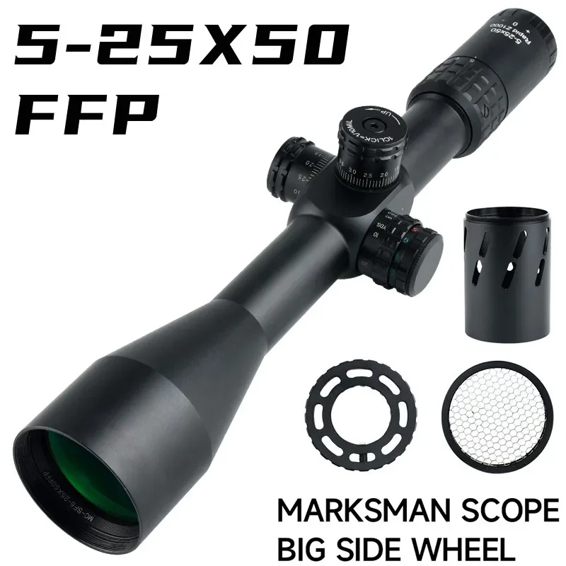 5-25X50 First Focal Plane Scope Red Green Reticle Riflescope Long Range Shooting Hunting Optics Sight Big Side Wheel Parallax