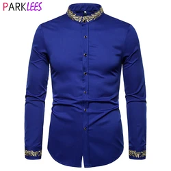 Camisas de vestir con bordado dorado azul real para hombre, camisa de manga larga con cuello mandarín, ajustada, para fiesta, boda y Cena