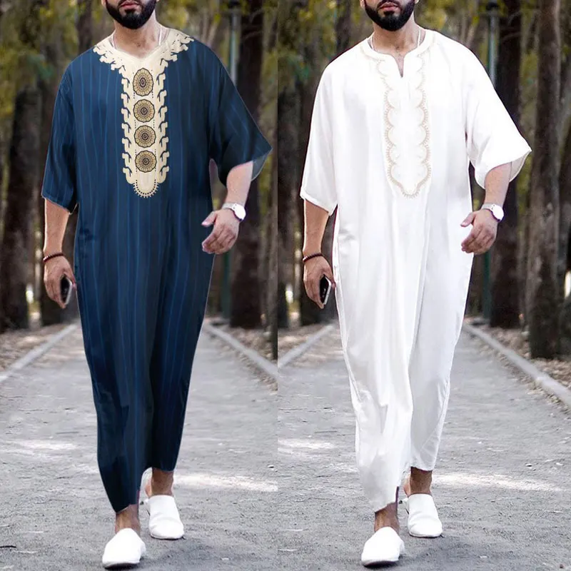 Muslim Men White Robe Painted Islamic Kaftan Arabic Moroccan Long Sleeve Dress Dubai Turkey Jubba Thobes Casual Abayas Tunics