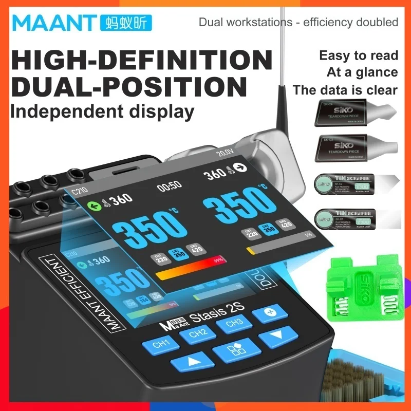 

Паяльная станция MAANT 200W с двумя ручками и интеллектуальным дисплеем, температура 60-460°C ℃ Контроллер C210 C115 для рабочей станции с подогревом 2S