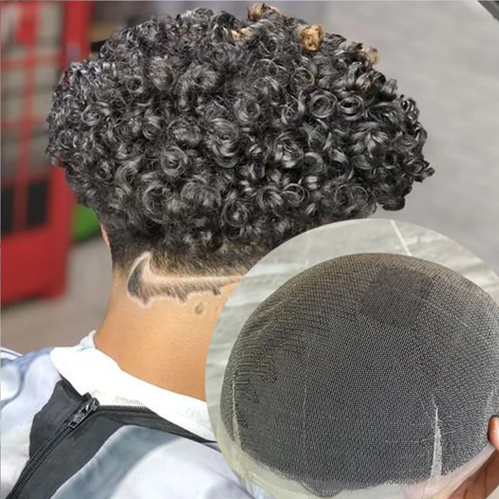 18mm curly Breathable Full Swiss Lace Human Hair Toupee Natural Hairline Invisible Replacement Hair System Prosthesis Capillary