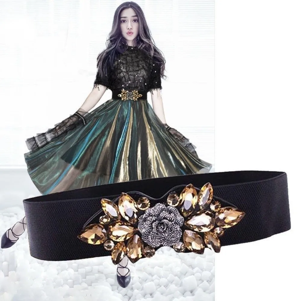 Casual Rose Flower Elastic Cummerbunds Wide Korean Style Women Waistband Strap Belt Black Rhinestone Waist Belt Dress