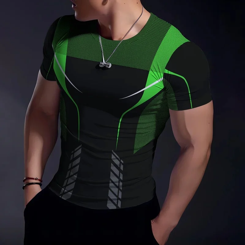 Men's Compression Sports Tshirt Techwear Style Green Contrast Line Breathable Moisture Wicking Gym Fitness Weightlifting Short S
