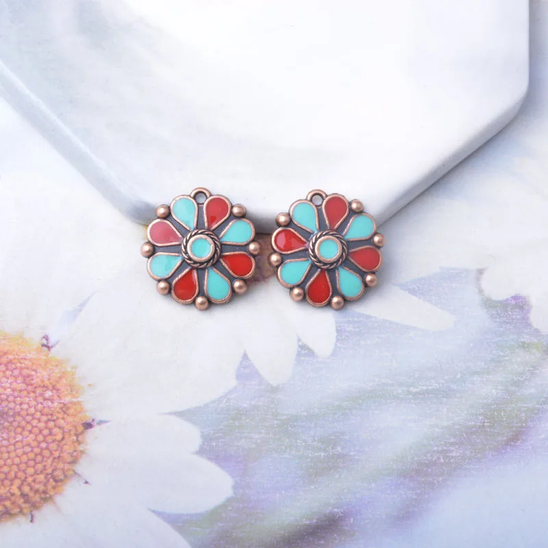 10 Stück Bohemian-Stil Antik-Rote Kleine Blumen-Emaille-Anhänger Metall-Ohrringe Anhänger Zubehör DIY Damenschmuck – Detail 5