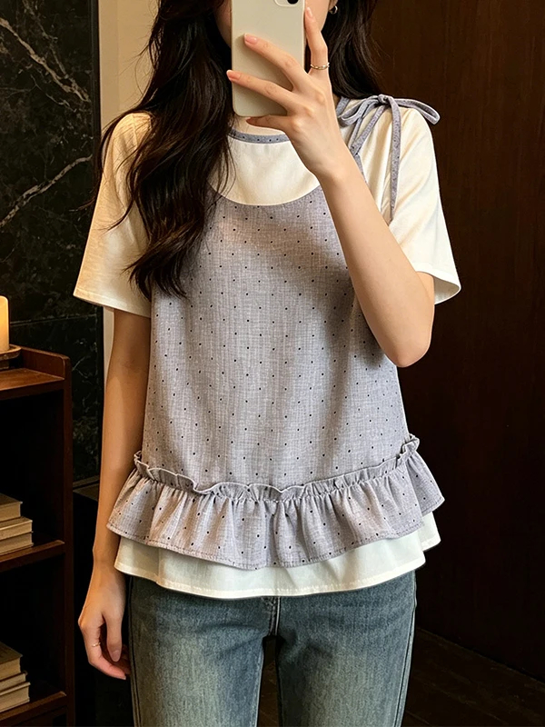 

Sweet Polka Dot Ruffle Sleeve Short Sleeve Loose Women's Shirt Summer plus Size Belly Cover Versatile Top Korean Style Commute
