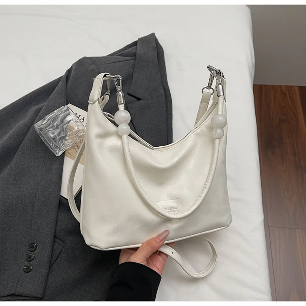 Bead Embellished Luxury Solid Color Glossy Tote Bag Faux Leather Large Capacity Womens Shoulder Bag Casual Style Underarm Bag