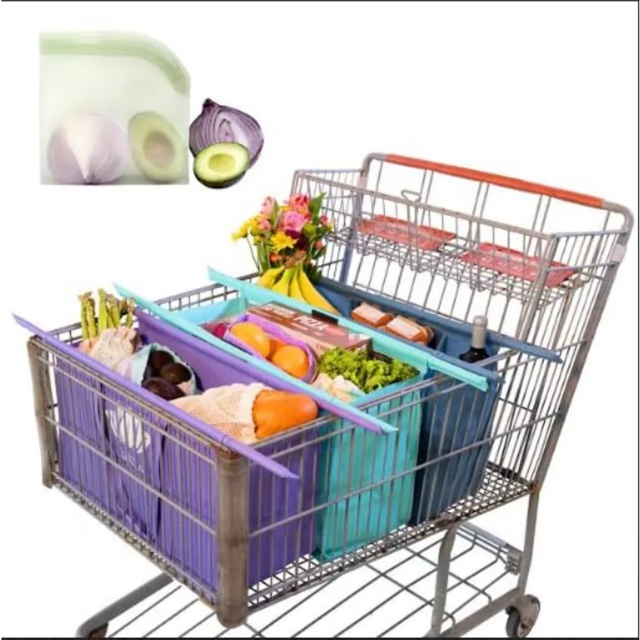 

Набор многоразовых силиконовых пакетов для хранения продуктов + сумка для покупок с термоизоляцией и держателем для яиц/вина + силиконовые контейнеры без BPA