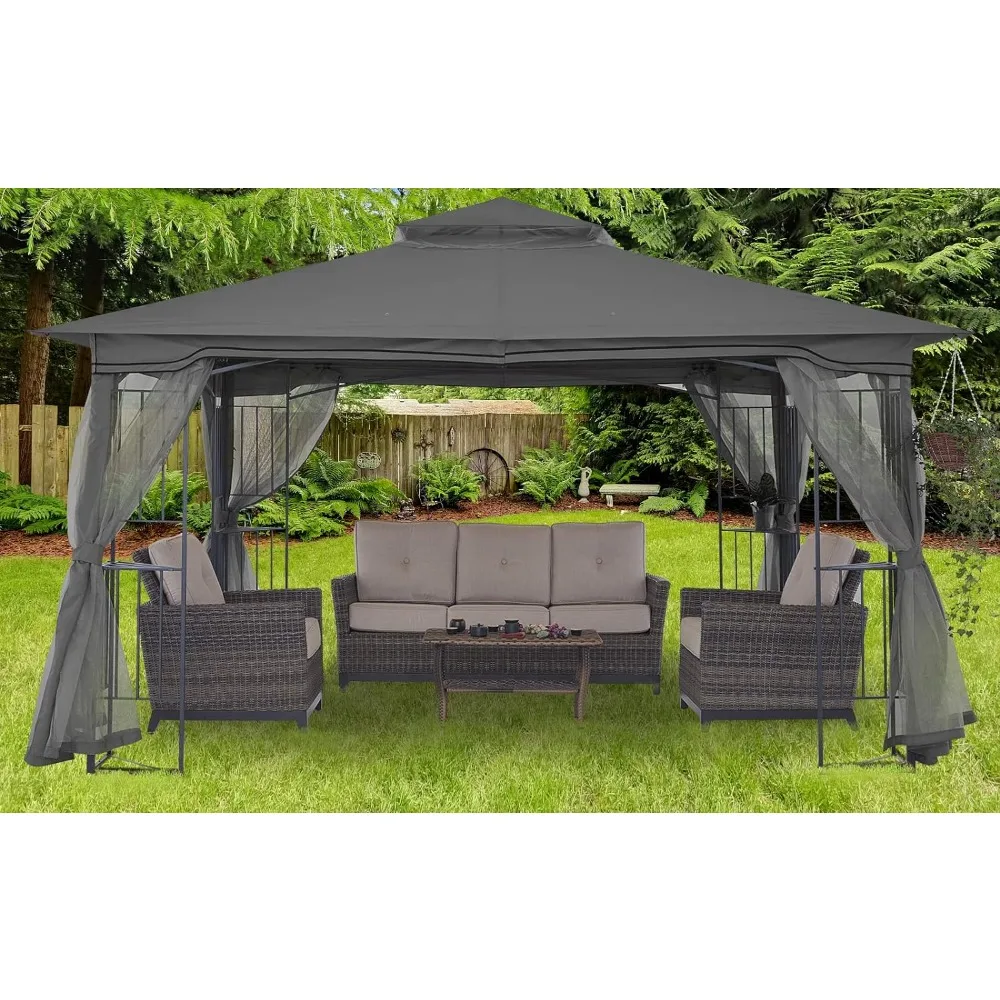 

Outdoor Garden Awning Gray) Folding Canopy Patio Outdoor Gazebo with Netting Screen Walls and Corner Shelf Design (11x11 Tent