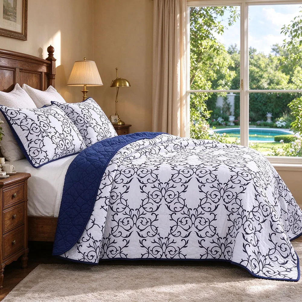 Embroidered Cotton Quilt Set 3PCS - King Queen Size Breathable Lightweight Bedspread on the Bed, Embroidered Quilted Coverlet