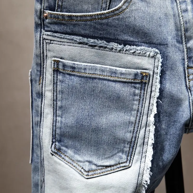 Pantalones vaqueros de diseñador callejero a la moda para hombre, pantalones vaqueros rasgados con parches ajustados elásticos de Retro Azul, pantalones vaqueros Vintage de Hip Hop con múltiples bolsillos para hombre