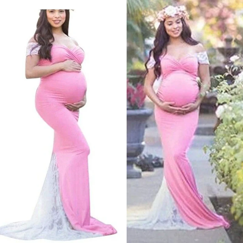 

Maternity Dresses For Photo Shoot Shoulderless Stretchy Pink Cotton Pregnant Long Dress Gown Jersey Pregnancy Clothes Plus Size