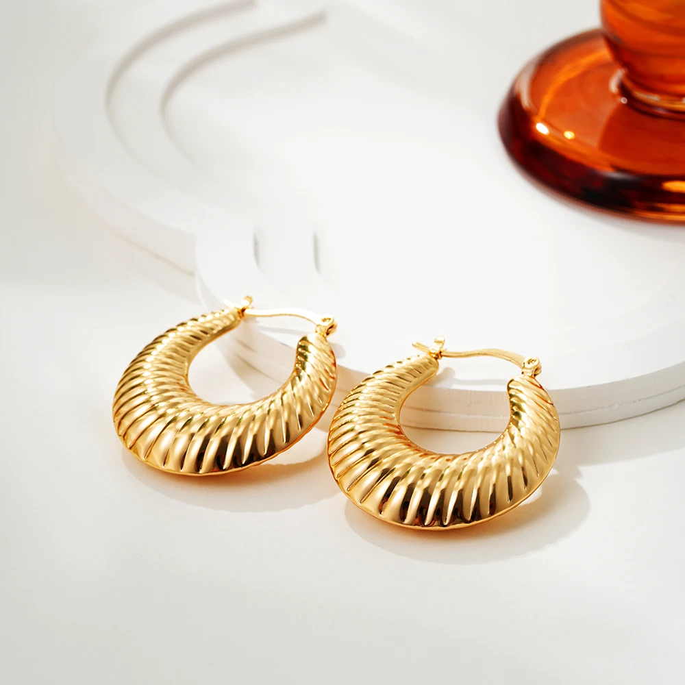 Fashion Punk Round Exquisite Hoop Earring for Women Geometric Texture Thick Gold Color Stainless Steel Earring Jewelry image 2