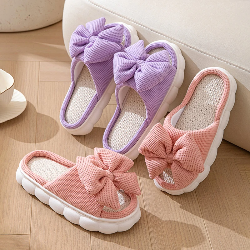 Bow Platform Women's Slippers Home Spring Summer Luxury Designer Woman Shoes 2026 Fashion Hemp Indoor Slides Lightweight Soft