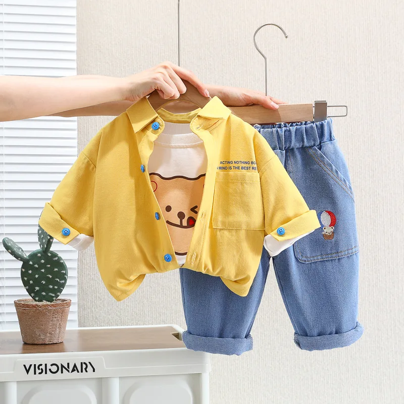 Trendy Boys Cartoon Spring Autumn Clothing New Cute Long Sleeve Shirts Coat+Cotton Top+Jeans Baby Girls 3pcs Hip Hop Dance Set