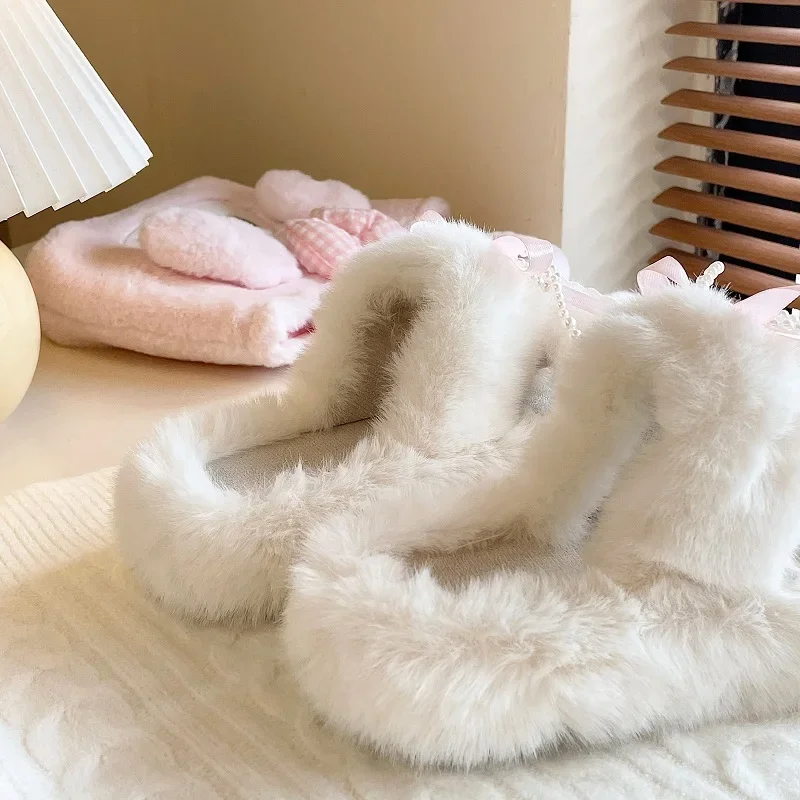 Cute Fluffy Slippers Women Winter Pink Bow Bead String Decoration Home Slippers for Sweet Girls Cozy Fuzzy Indoor Shoes