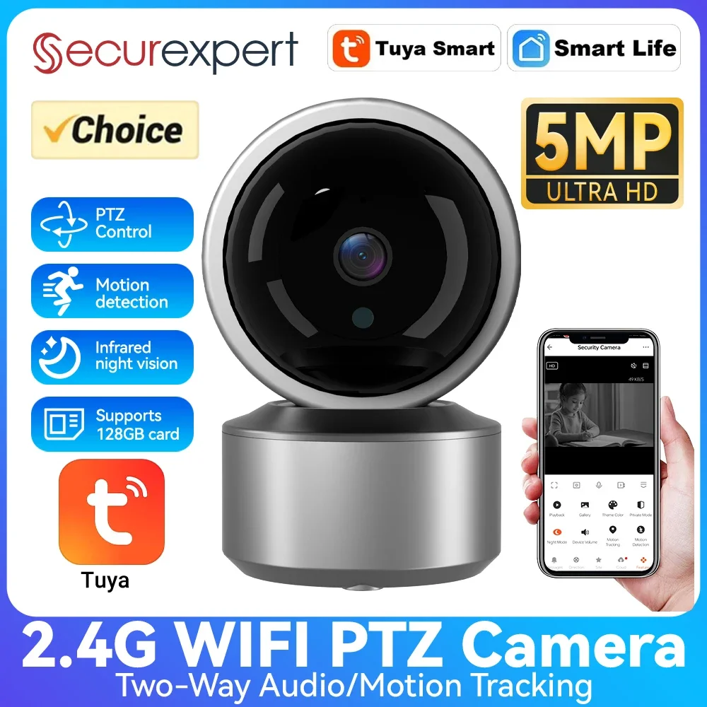 

5-мегапиксельная Wi-Fi камера для наблюдения за ребенком, 355 ° PTZ-камера с автослежением, ИК-подсветкой, двусторонней аудиосвязью, управлением через приложение Tuya для помещений