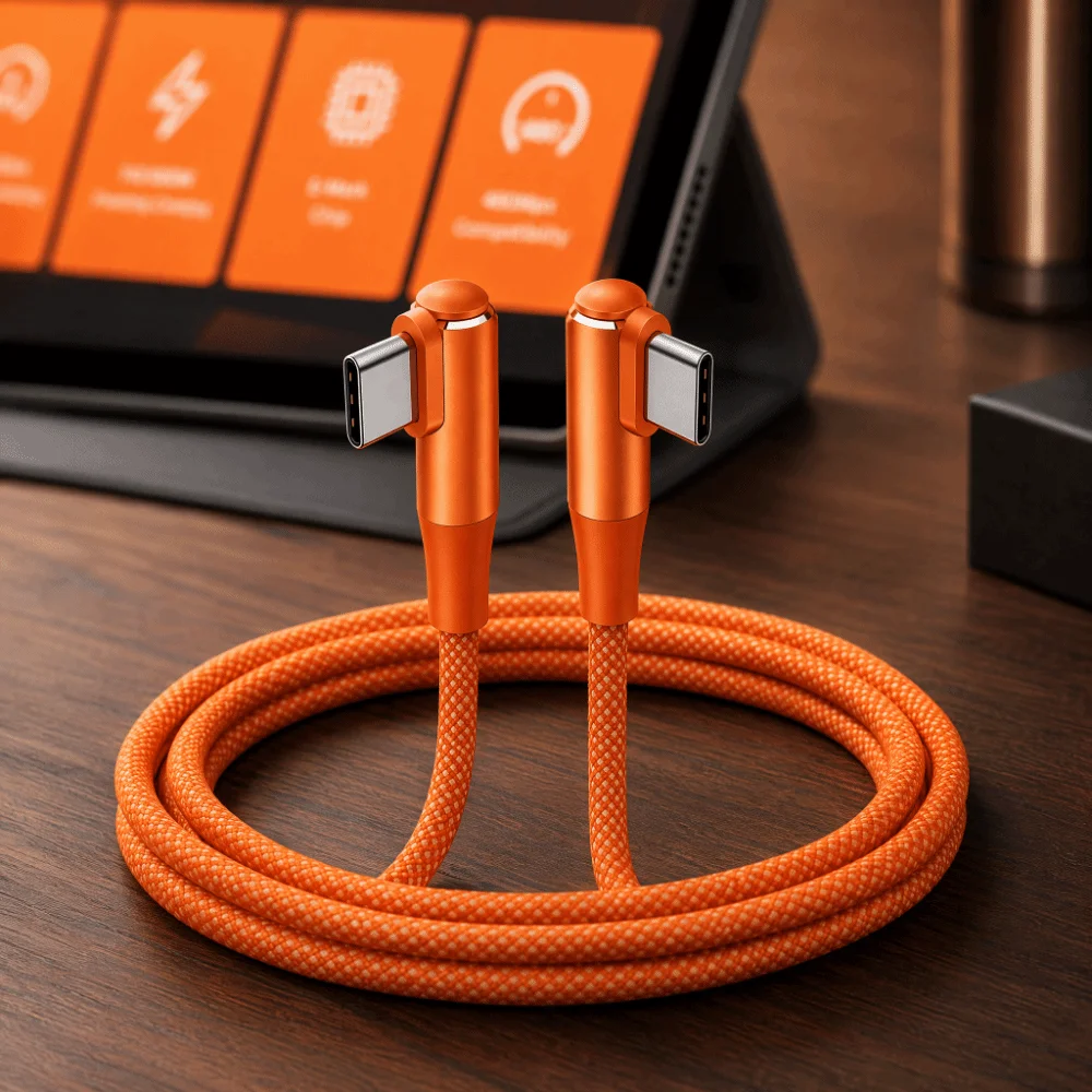 Professional PD 100W USB Type-C Cable 20V 5A Data Transfer USB-C Data Cord Orange Elbow USB-C Cable for Laptop Phone Tablet