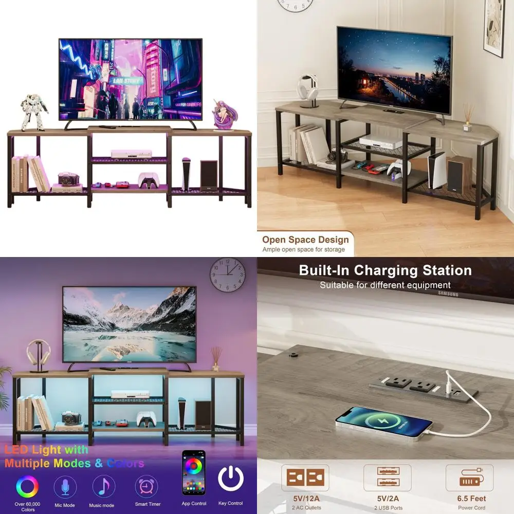 

Угловой развлекательный центр для телевизора 75 дюймов с розеткой, светодиодной подсветкой, открытыми полками для хранения, серый