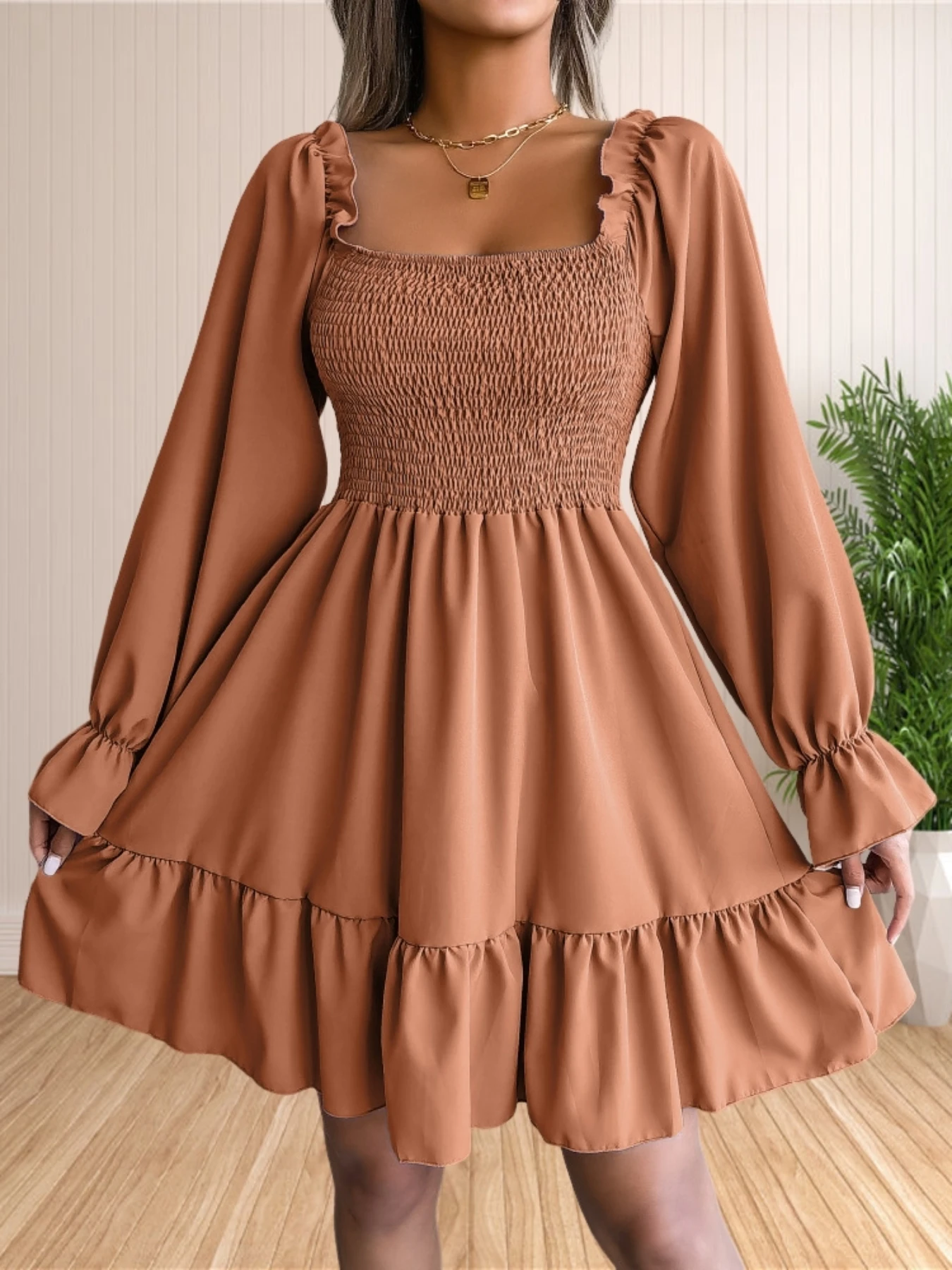 Womens Puff Sleeve Smocked Dresses Square Neck A Line Swing Flowy Ruffle Hem Babydoll Mini Dress