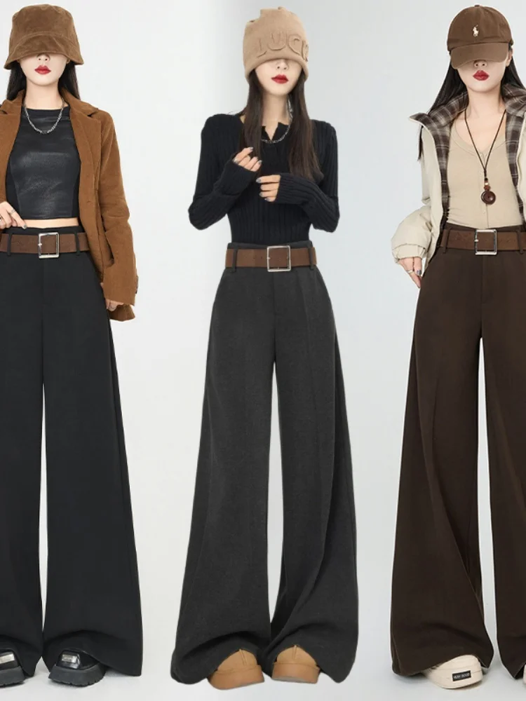 ارتفاع الخصر واسعة الساق Fce اصطف الدنيم السراويل النسائية ثنى البضائع السراويل القهوة اللون تخفيف Sle الكورية Faion