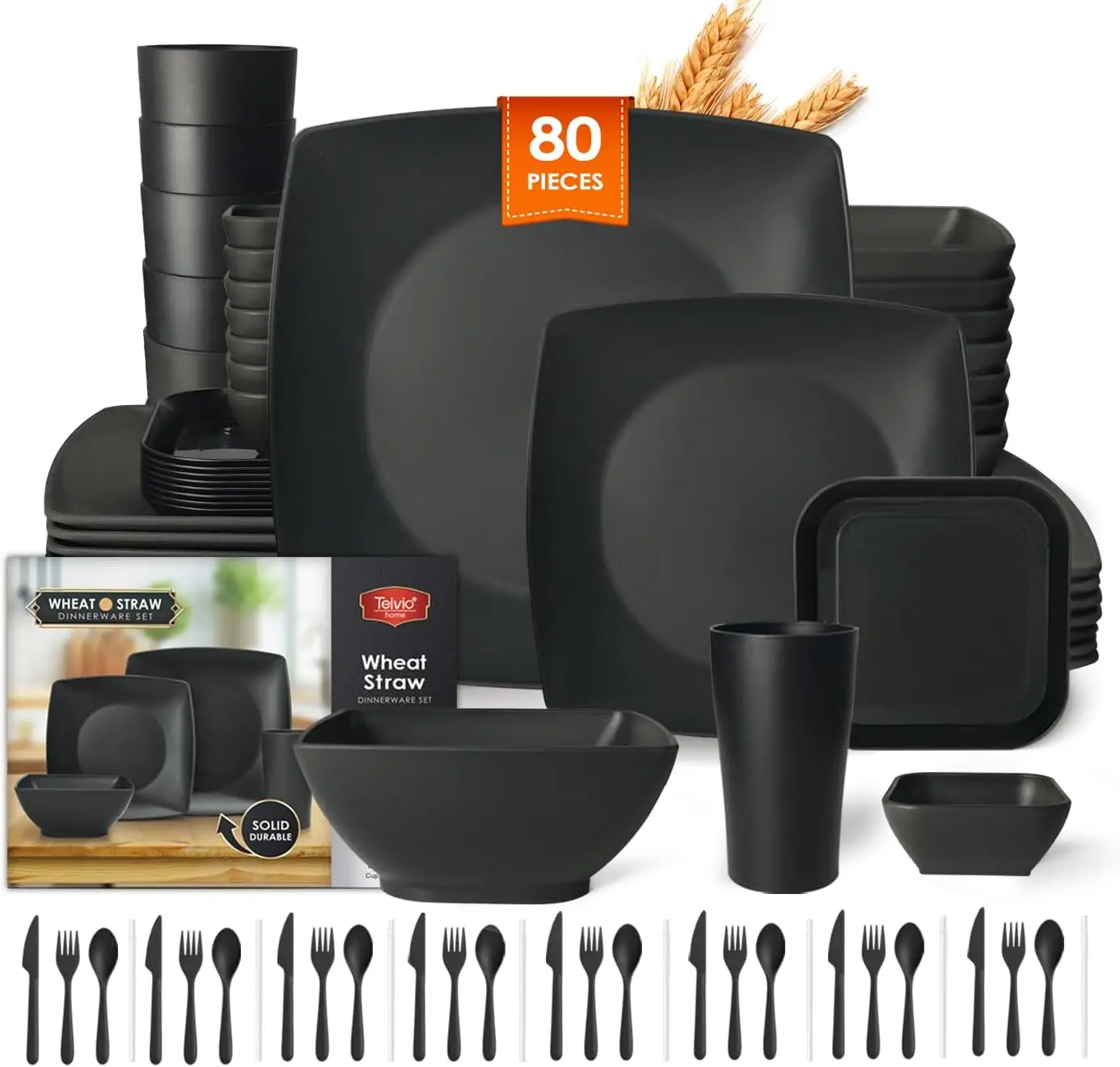

80-piece Plastic Kitchen Wheat Straw Square Dinnerware Set for 8, Unbreakable Dinner Plates, Salad Plates, Snack Bowls,Sauce Cup