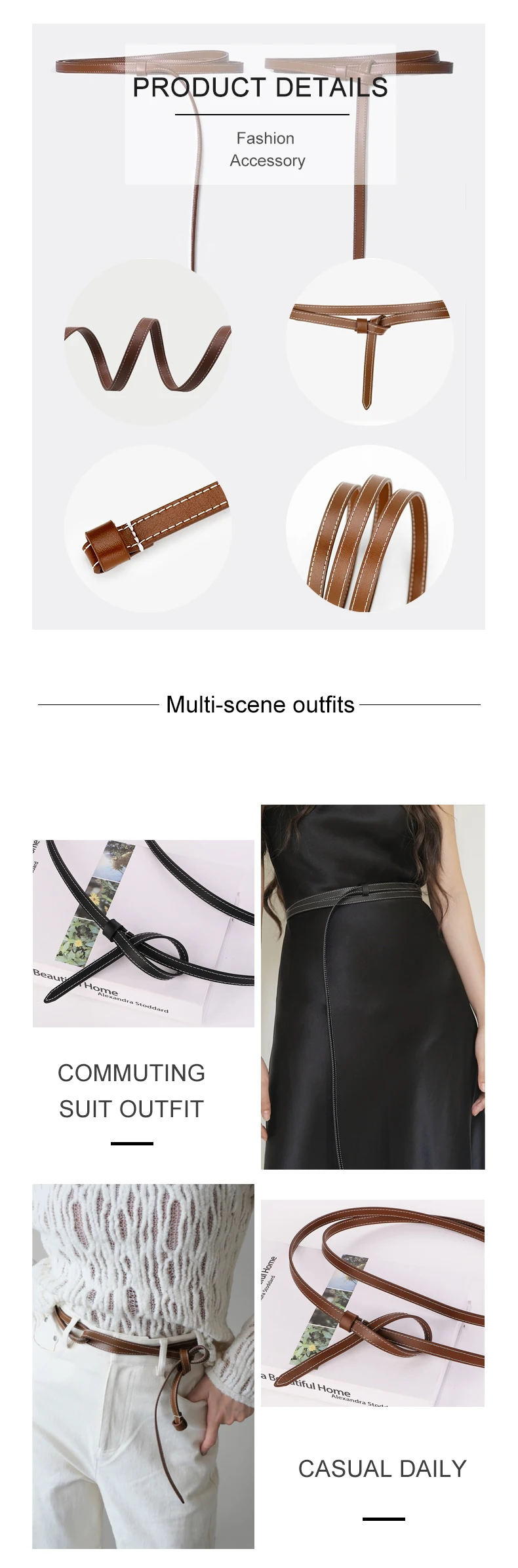 Dünner Damengürtel aus echtem Leder, Doppelschlaufe, geknotet, kleine Gürtel, vielseitige dekorative Leder-Taillenkette für Damen – Detail 2