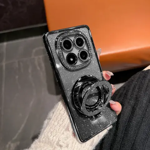 Luxo chapeamento glitter diamante suporte magnético caso para xiaomi poco c75 c65 x7 x6 m6 pro 4g silicone macio suporte do telefone capa traseira