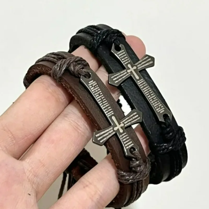 1/2 قطعة بولي Leather الجلود الصليب المنسوجة يدويا أساور للرجال النساء ريترو الشرير المعادن الصليب الكتاب المقدس قابل للتعديل أساور الأساور الهدايا