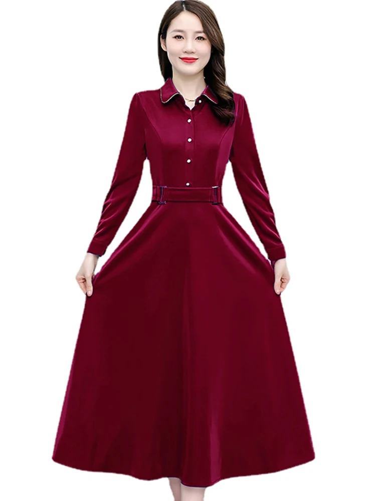 Autumn Winter Long Sleeve Korean Midi Dress 2024 Elegant Polo Collar Office Lady Dress Women Elegant Bodycon Party Night Vestido