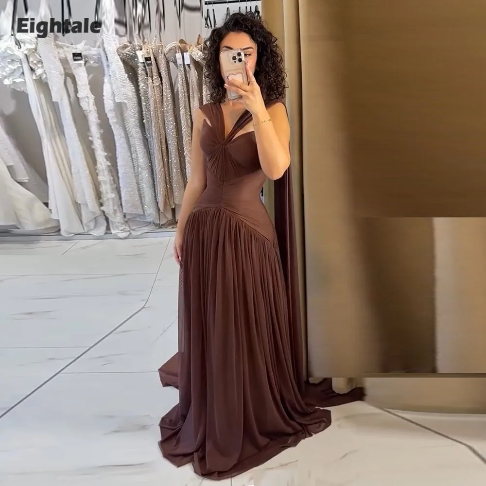 Eightale Arabic Evening Dress Halter Pleats Chiffon A-Liine Brown Muslim Sexy Prom Wedding Party Gown