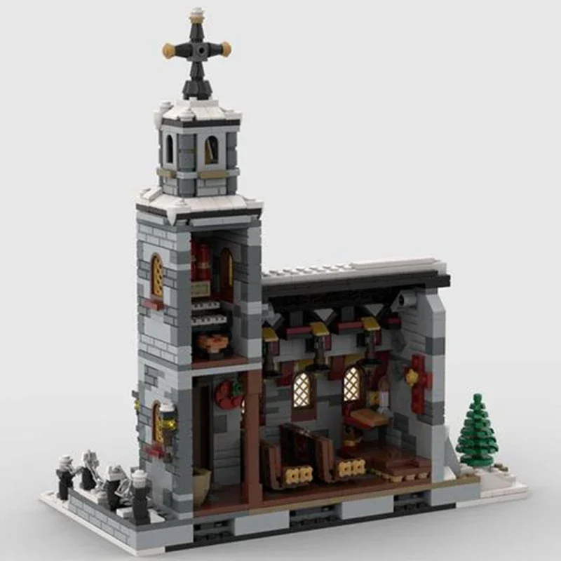 Décennie s de construction MOC pour enfants, modèle de vue sur la rue, petite église d'hiver, briques techniques, assemblage de bricolage, jouets célèbres, cadeaux de vacances