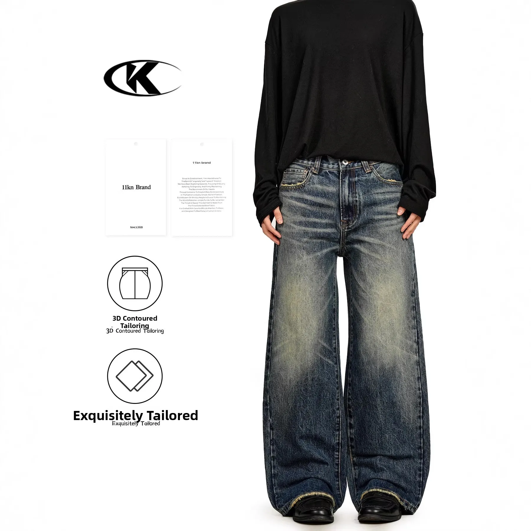 

American Retro Deep Blue Jeans Men Women Waed Straight Leg 3D Slimming Floor-Length Pants Casual Straight Leg Jeans