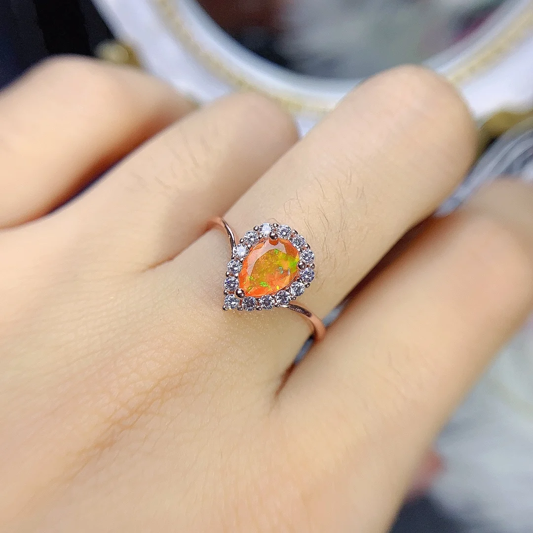 Natural Opal Halo Promise Ring Sterling Silver 925 Engagement October Birthstone Ring Pear 5x7mm Opal Halo Curved Ring - view 6