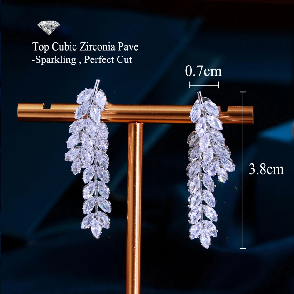 BeaQueen Sparkling White Cubic Zirconia Silver Plated Long Leaf Dangle Earrings for Women Engagement Wedding Party Jewelry E717