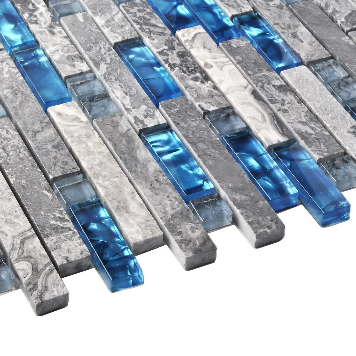 Blue Resin Grey Marble Stone Long Strip Mashup Crystal Glass Mosaic Tile Kitchen Backsplash Bathroom Backdrop Wall Tile Bar Shop