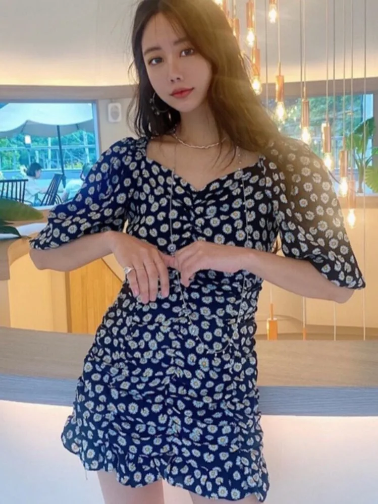  Floral Pleated Dress Shoulder Bared Bubble Sleeve Short Skirt Women Korean Style Spring Autumn Winter Casual Wear