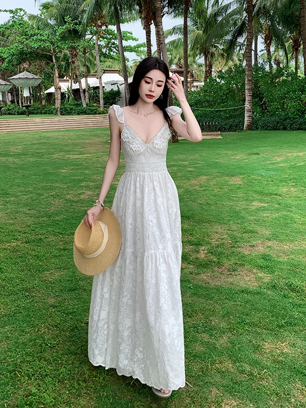 Beachy White Lace Stickerei Strapl Bal Dr Island Aosphere Schöner Rock Hohe Taille Baumwoll-Polyester-Mischung Sum...