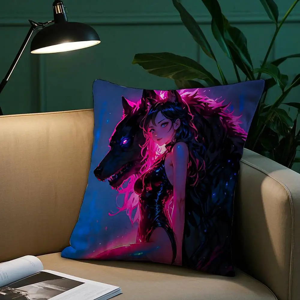 Sexy and Wild Wolf Girl Pillow Case Short Plush Print Cushion Cover Square Throw Pillow Covers Sofa Home Decor