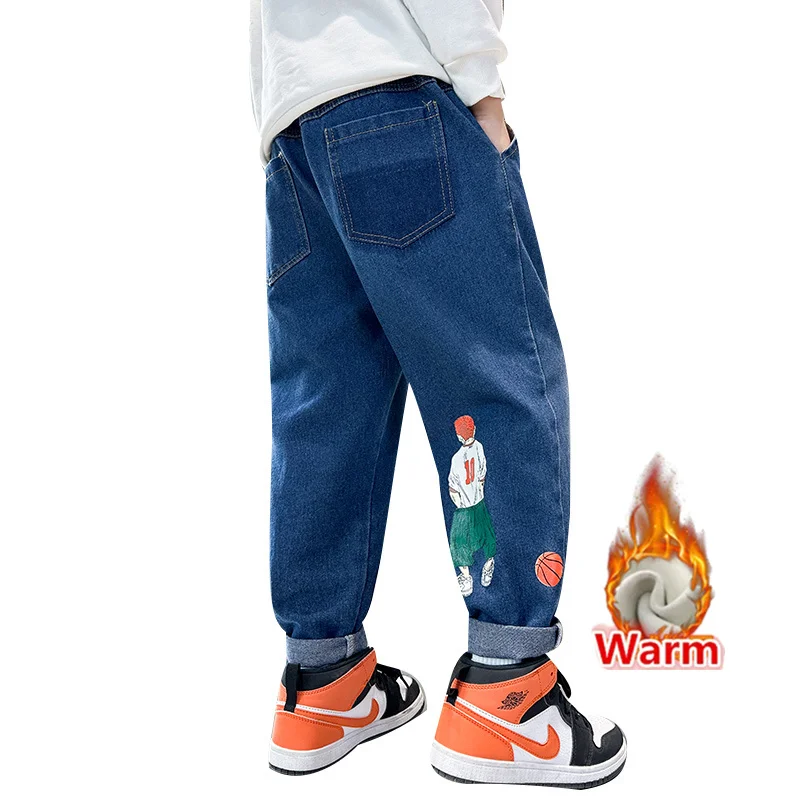 

Shcool Boy Winter Thickened Thermal Jeans with Cartoon Print For Teenager Child Warm Insulate Denim Pants Kids Fleece Trousers