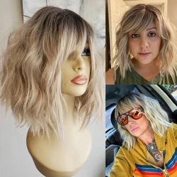 Textured Shoulder Length Blonde Bob Wig with Bangs Synthetic Hair Rooted Blonde Wavy Bob Wig Highlight Blonde Lace Wig for Women