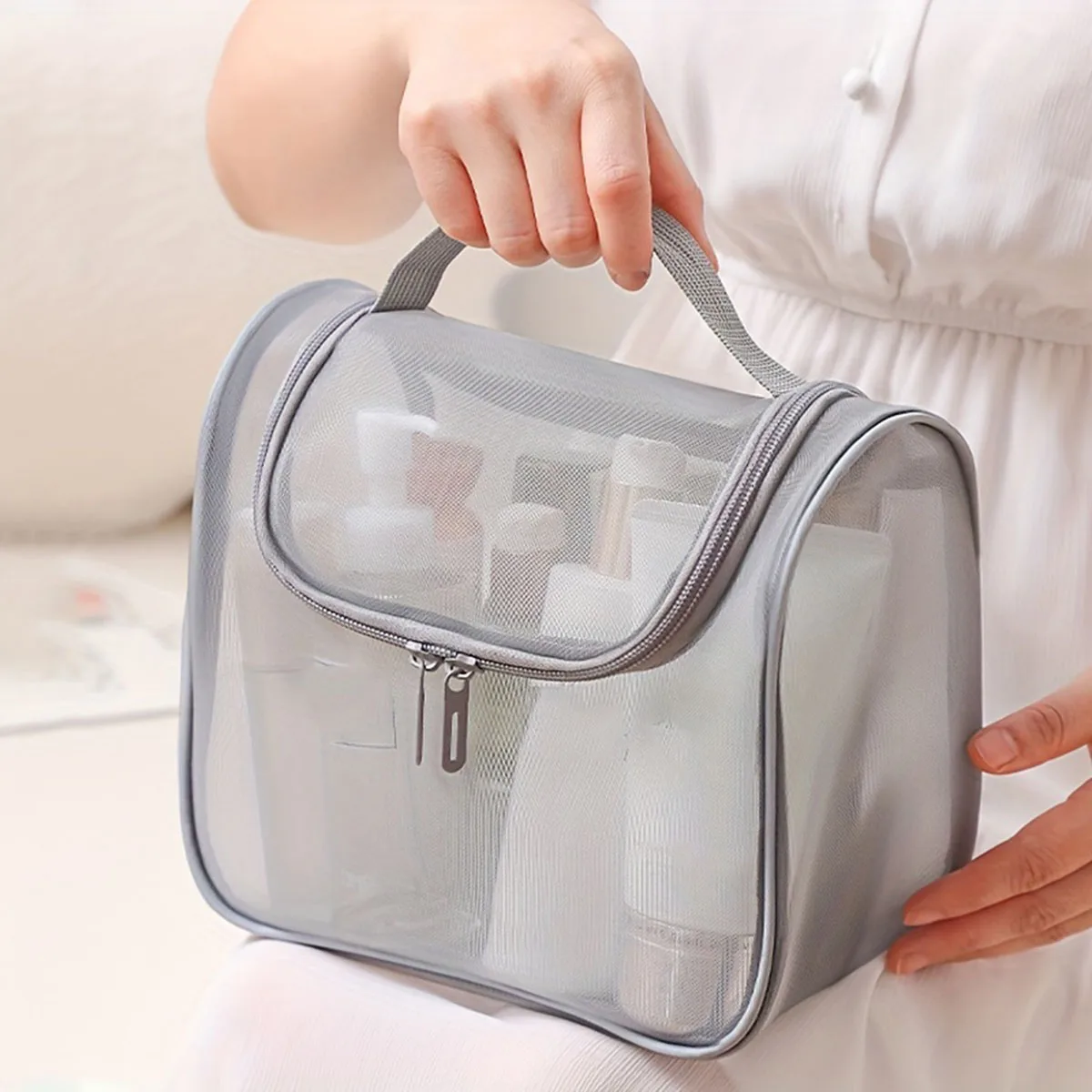 New Multi-Functional Toiletries Bag Curved Nylon Mesh Portable Makeup Bag Women's Large Capacity Cosmetics Storage Bag