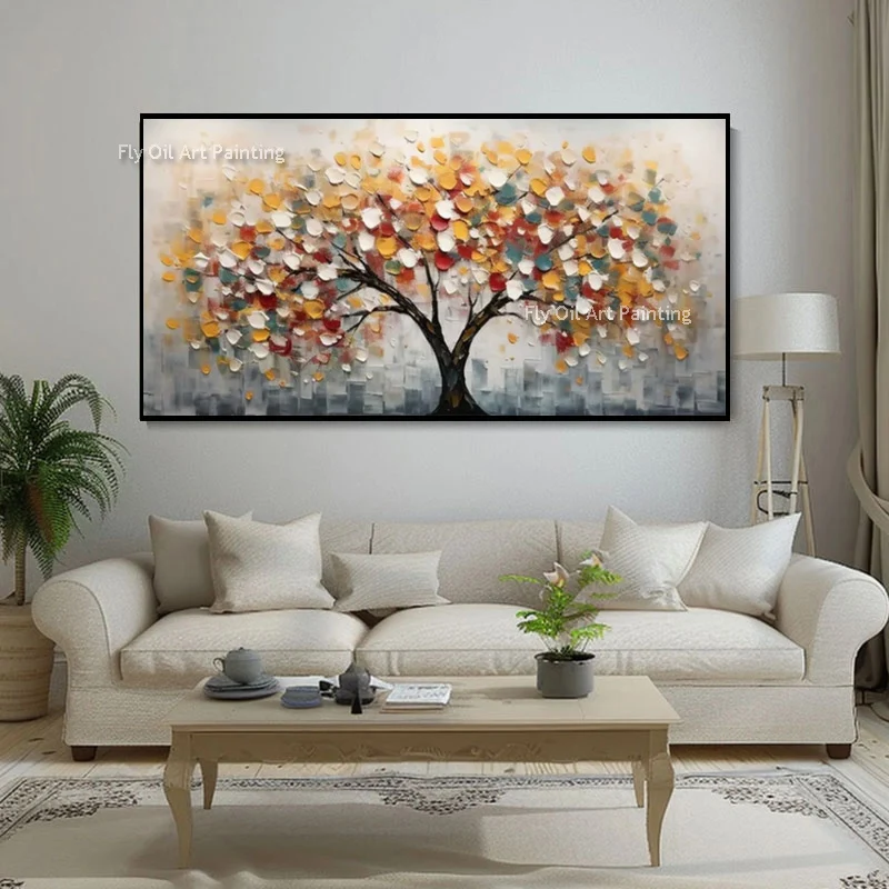 Simple Artwork Large Black Golden Yellow Tree Landscape Artwork New Hand Drawn Red Blue Tree Abstract Oil Painting Decor