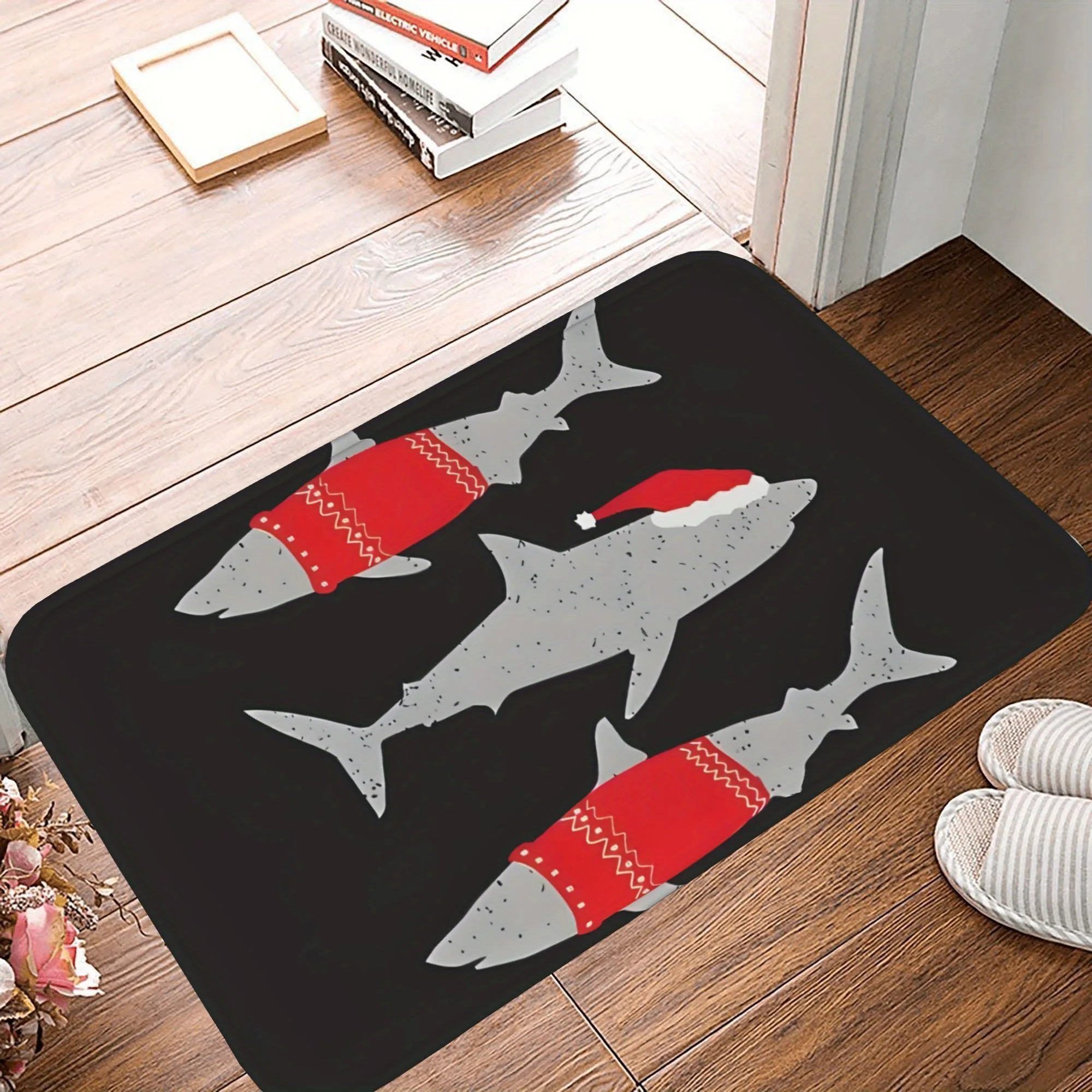 

1 шт., кухонный коврик Merry Cheistmas Sharks, нескользящий дверной коврик, поп-дизайн, коврик для ванной комнаты, коврик для ванной, ковер для домашней раковины, декор для стирки