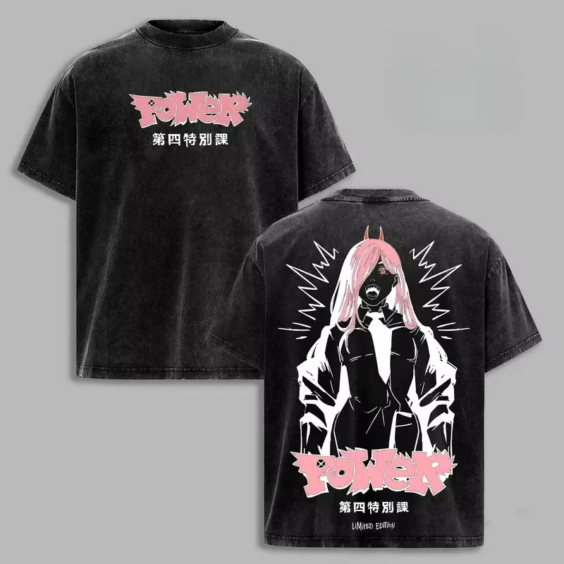 Anime Chainsaw Man Power Grafik T-Shirt Herrenbekleidung Lässiges Baumwoll-T-Shirt Vintage Washed T-Shirt 2026 Sommer Oberteile