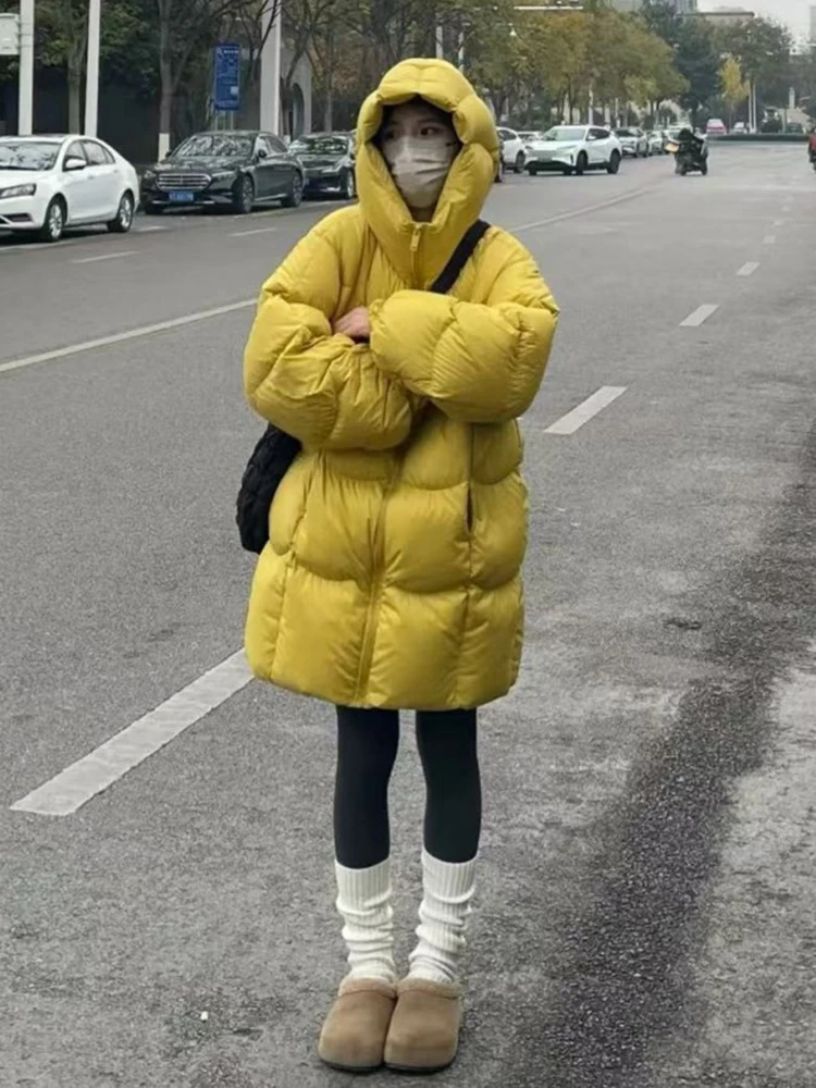 Winter Medium to Long Solid Hooded Down Jacket Women White Duck Down Parker Outwears Female Loose Thick Warm Quilted Jacket Coat